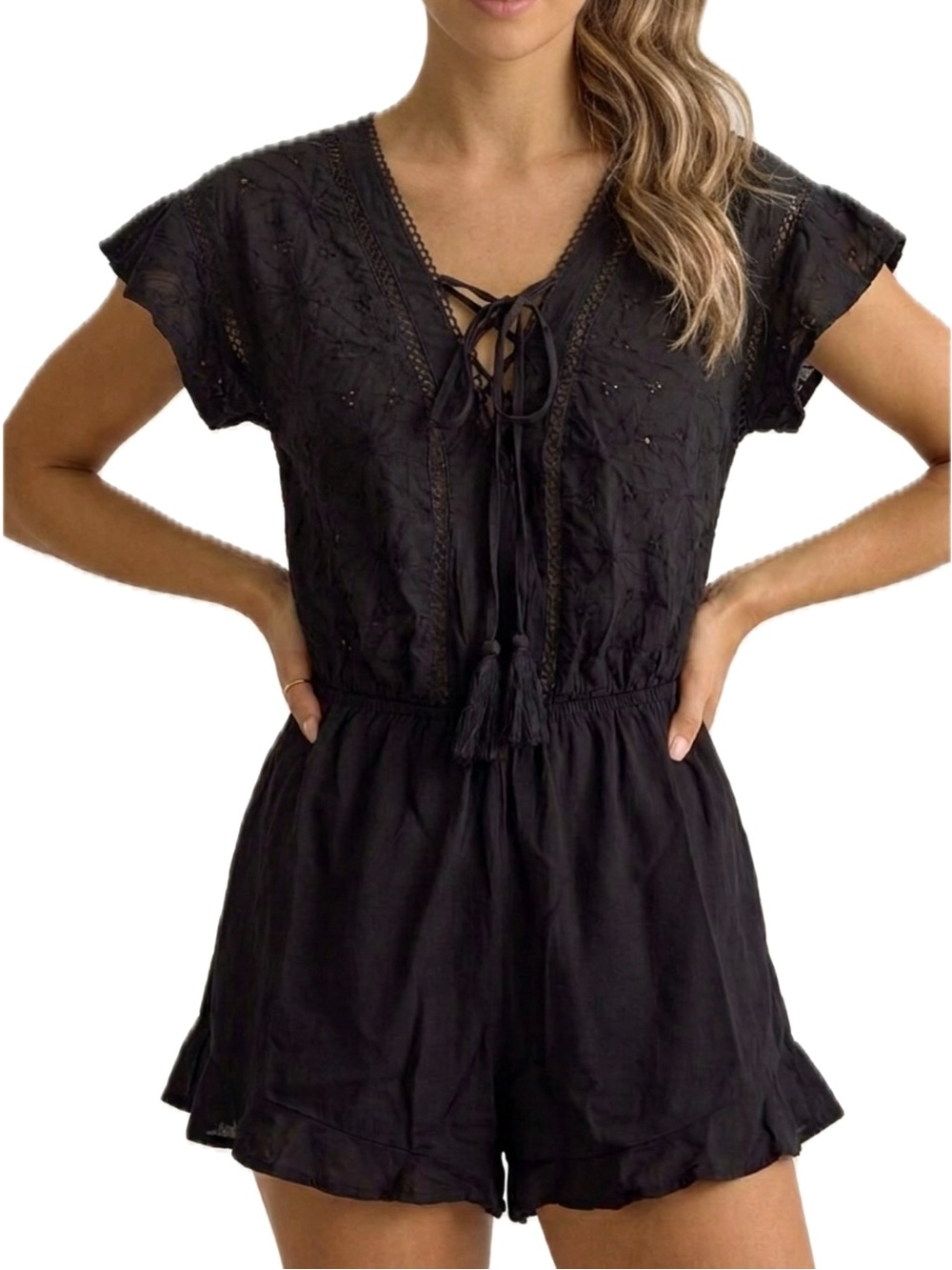 Flying Tomato Flutter Sleeve Romper Size XS Black Cotton Eyelet Lace Tie Front
